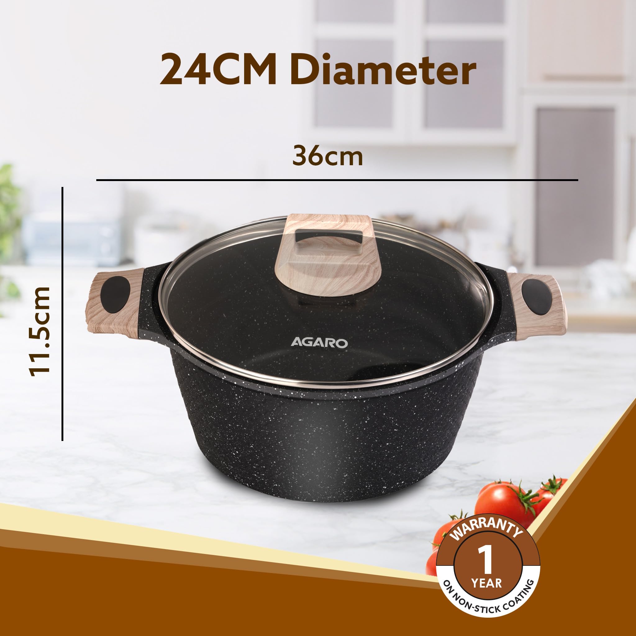 Agaro Imperial Granite Non Stick Casserole With Glass Lid, 4 Litre/24Cm, Cast Aluminium Body, Stew Pot, Biriyani Pot, Rice Pot,